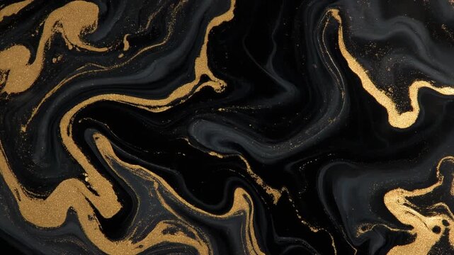 Black and gold ink blooms through clear liquid, forming luxurious marbled veinlike patterns with glossy contrast under dramatic side lighting and cinematic macro fluid motion.