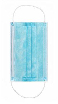 A disposable blue medical mask with white ear loops and pleated fabric