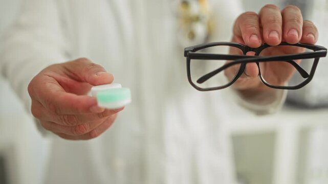 Man in white coat holds black glasses by the frame and offers a small mint contact case with bare hands in clinic; vision care reassurance.