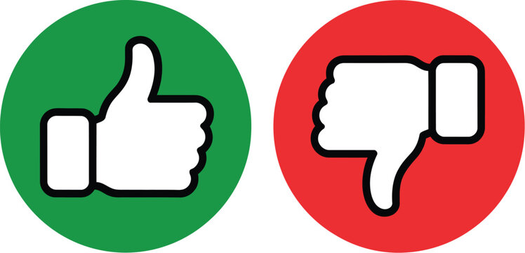 Thumbs up and thumbs down icon set featuring green approval and red dislike symbols for feedback, rating, evaluation, and user interface design.