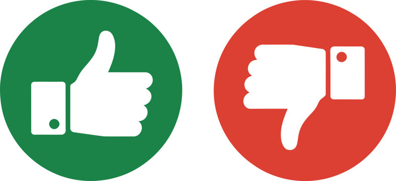 Thumbs up and thumbs down icon set featuring green approval and red dislike symbols for feedback, rating, evaluation, and user interface design.