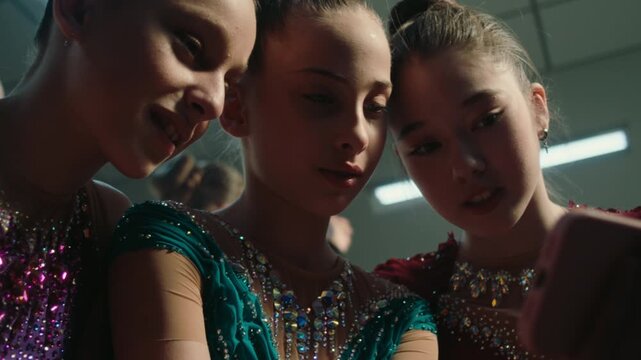 Gymnasts Use Smartphones to Get Instant Feedback on Choreographic Moves. Girls Exhibit Concentration With Joy and Relief after Tournament Day. Youth Development, Digital Education in Sports, Success.