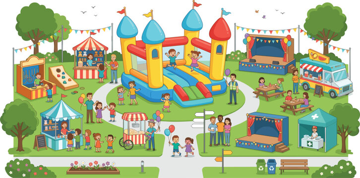 Vibrant summer festival and family fun fair vector illustration with cute cartoon people children jumping in colorful bouncy castle park playground map design