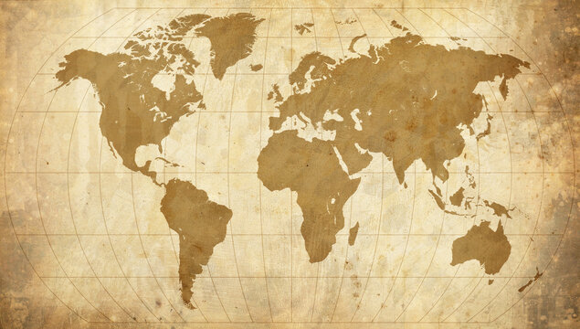 Vintage world map on old paper texture. Antique cartography background with aged parchment.