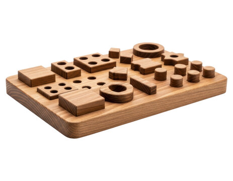Educational wooden geometric sorting board toy on a transparent backdrop