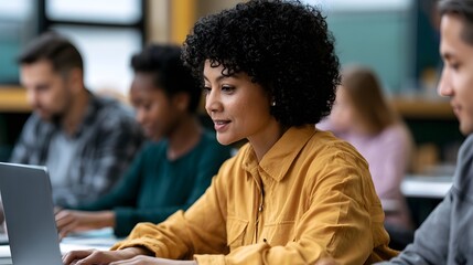 Obraz premium A woman with curly hair works on a laptop while seated among other people in an indoor setting