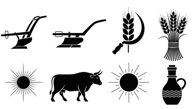 Vintage Farming Tools, Bull, Wheat, Sun, and Jug Icons Set