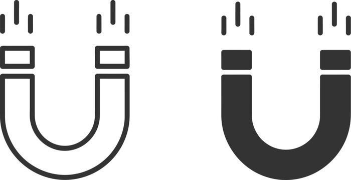 Magnet icon set featuring black magnetic symbols for attraction, physics concepts, business influence, and modern graphic design projects.