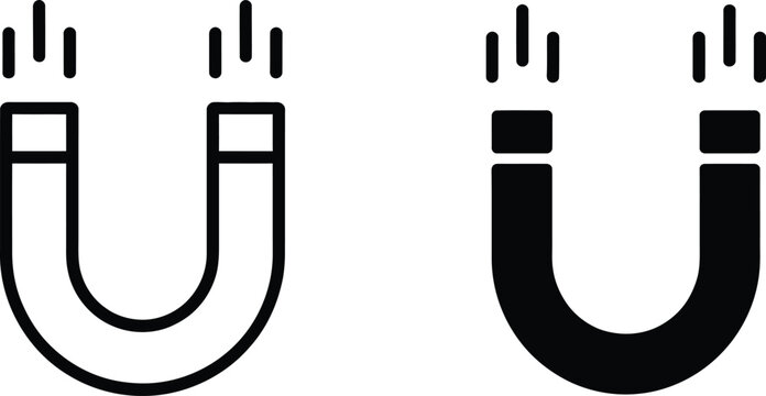 Magnet icon set featuring black magnetic symbols for attraction, physics concepts, business influence, and modern graphic design projects.