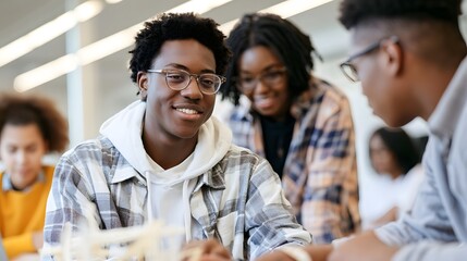 Obraz premium Young people collaborating on a project while seated around a table in a bright modern classroom setting