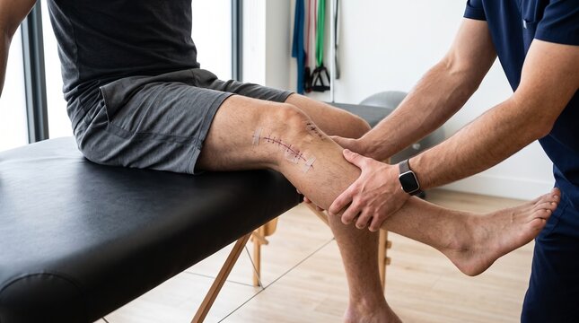 Physical therapist examining a male patient's leg post-surgery with visible knee scars and stitches during a rehabilitation session.