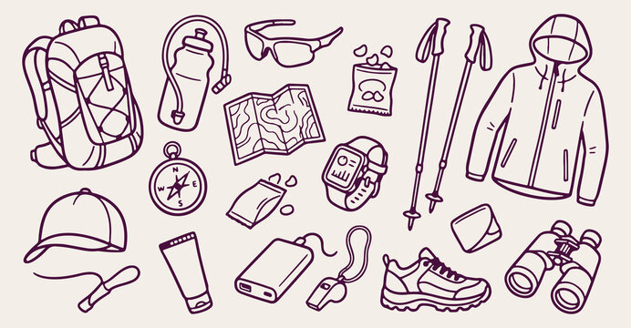 outdoor active gear pattern, water bottle vector, trail compass background, smartwatch fitness doodle, hiking poles line art, sport trail texture, outdoor activity pattern, trail runner equipment vect