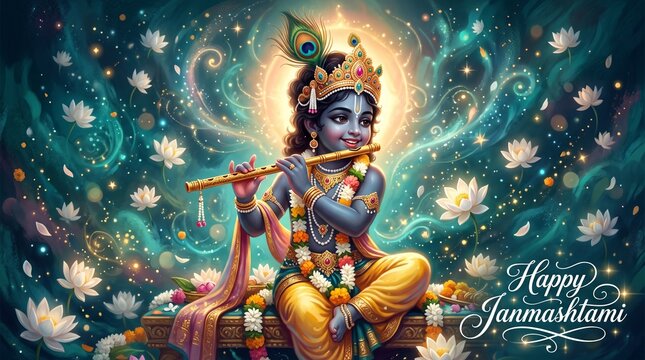 Happy Janmashtami greeting with Lord Krishna playing flute.