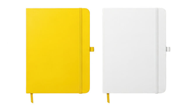 Yellow and white notebook journals with elastic bands isolated on transparent background