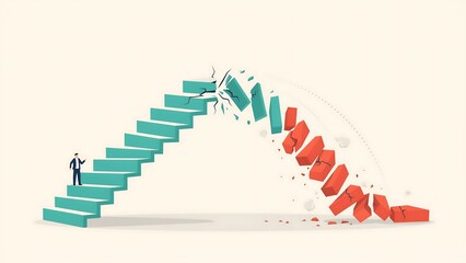 Obraz premium Businessman standing on a teal staircase that is breaking and falling apart into red pieces on a light background.