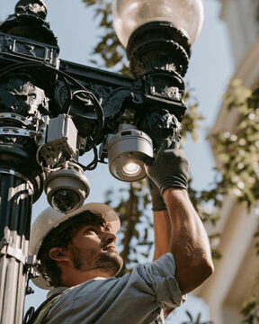 <Urban Streetlight Maintenance Worker Installing and Repairing Lamp Posts with Safety Helmet and Tools for Modern Infrastructure and Public Safety>