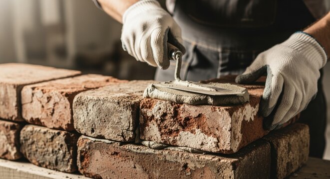 Mason using trowel to apply mortar on reclaimed bricks focusing on replicating the rustic aesthetic during relaying.