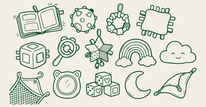 baby sensory toys seamless pattern, green line nursery accessories background, developmental infant toys texture, sensory play line art vector, crib mobile and rattle wallpaper, baby activity toys ske
