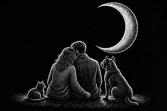 High contrast white engraved line art of a couple and pets with a minimal moon symbol. 