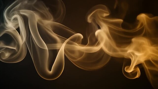 Soft champagne gold smoke drifts and curls through deep black space, glowing under warm backlighting with elegant wisps, cinematic atmosphere and refined slow motion realism.