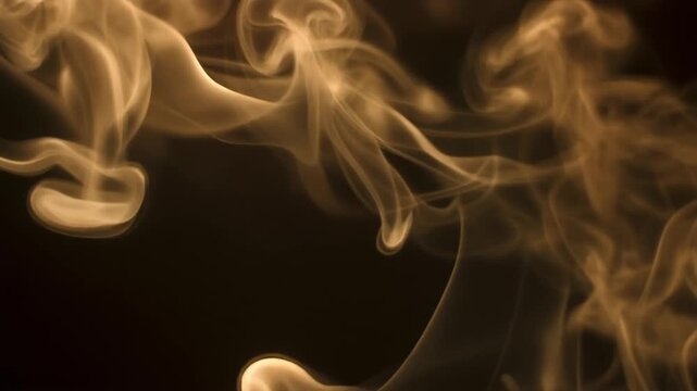 Soft champagne gold smoke drifts and curls through deep black space, glowing under warm backlighting with elegant wisps, cinematic atmosphere and refined slow motion realism.