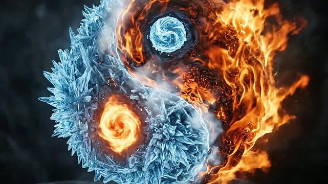 Dynamic Yin and Yang Symbol with Fire and Ice Elements