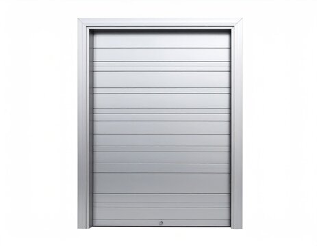 Silver corrugated metal rolling security shutter with frame
