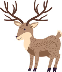 Obraz premium Cute standing deer with large antlers isolated vector illustration. Cute woodland deer character with botanical branch pattern and textured fur, folk art Scandinavian mascot clipart.