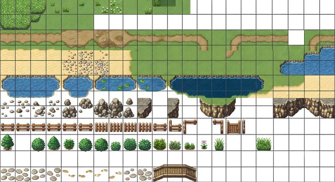 Set of pixel art RPG game map tileset sheet including grass terrain, dirt path, rocks, water pond, cliffs, wooden fences, and bridge isolated on white background