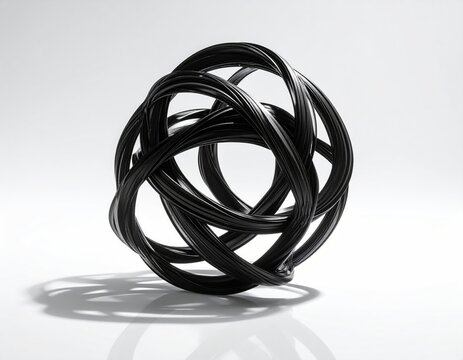 Intricate black twisted wire sphere casts shadow on white reflective surface