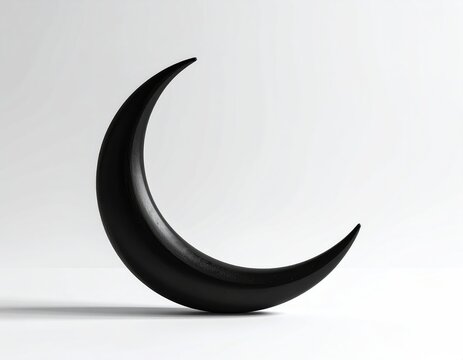 A stark black crescent moon rests against a white background, casting a subtle shadow