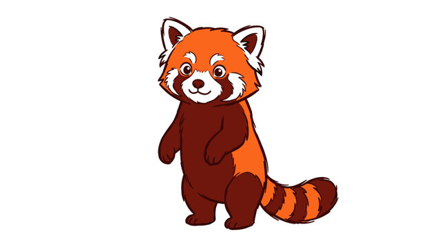 Red panda standing on two legs cartoon illustration with bushy striped tail and cute face