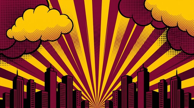 Stylish maroon and gold skyline illustration with radiant comic sunburst rays and dramatic cloud accents. Great for editorial layouts, branding, and entertainment graphics.