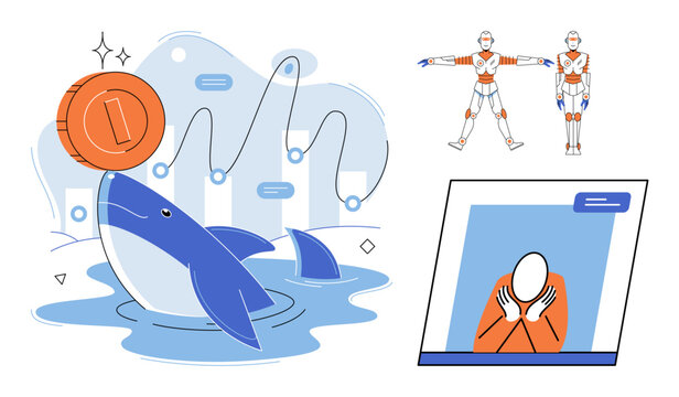 Shark balancing a coin on its nose with financial charts and robot character vector illustration. Investment, stock market, technology, automation, digital growth, online communication. Whale holding