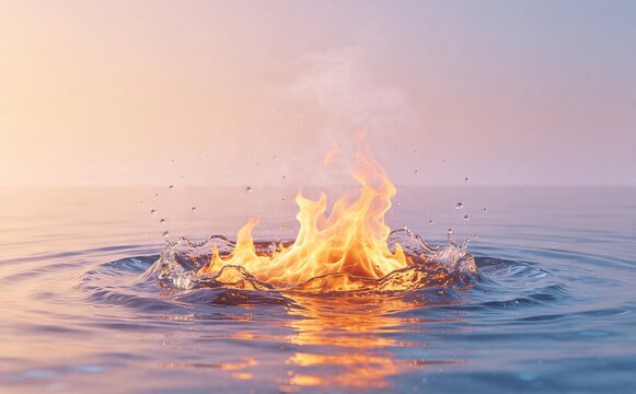 Flames rising from calm ocean water at sunset