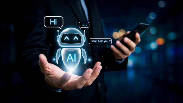 Human hand interacts with a glowing AI chatbot, symbolizing futuristic digital assistance, smart communication, and technological innovation in business and customer service