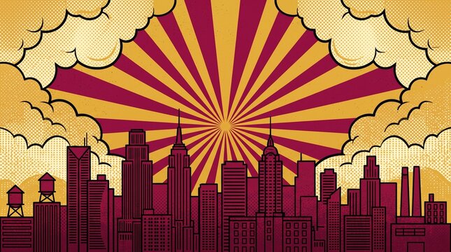 Warm brown urban skyline with classic comic-style sunburst rays and dramatic cloud formations. Suitable for posters, websites, branding, and editorial graphics.