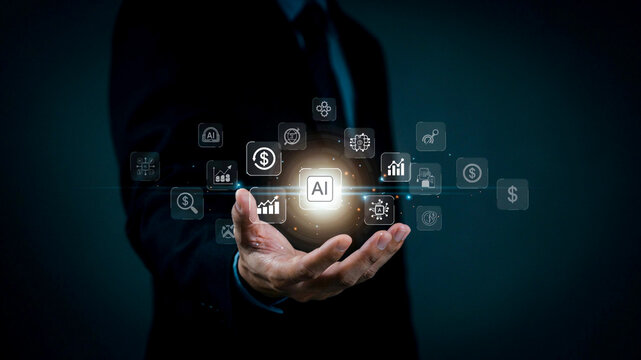 Businessman holding virtual AI and digital technology icons in hand representing modern innovation and future trends