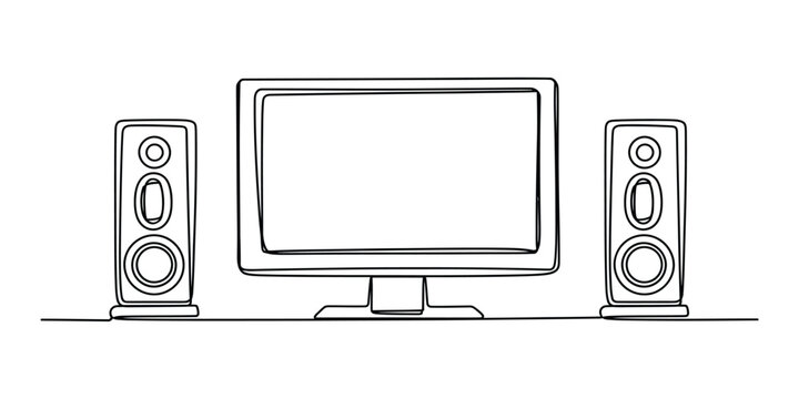 Computer monitor and audio speakers line art drawing