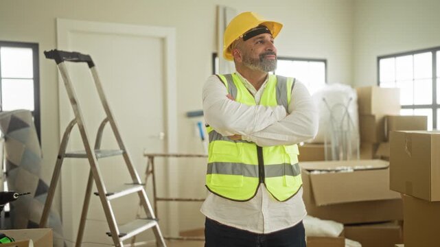 Man wearing yellow hardhat and reflective vest, arms crossed beside ladder and packed boxes in a building under renovation; pride progress.