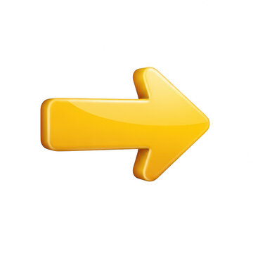 Glossy yellow 3d arrow pointing to the right isolated on transparent background