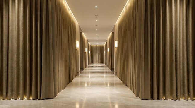 Luxurious hotel corridor with soft lighting and elegant curtains.