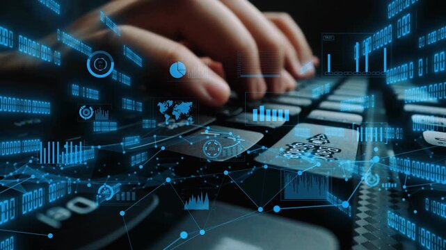 Capture the essence of modern technology with hands typing on a keyboard surrounded by dynamic data visuals, representing the future of information processing and analysis. Xenic
