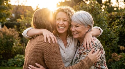 Fototapeta premium Three generations of women hugging outdoors in a sunlit garden, sharing a warm family moment