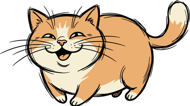 Happy orange tabby cat character laughing with wide open mouth in cute chubby cartoon art