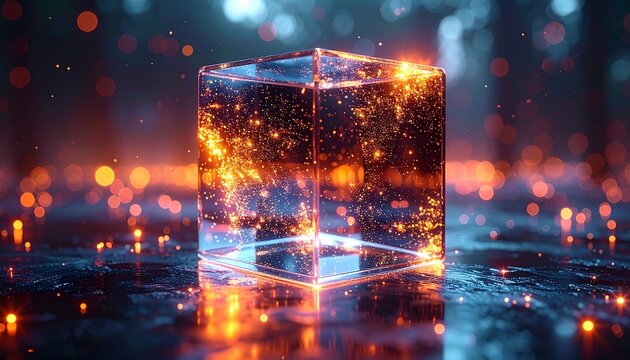 Glowing glass cube filled with magical golden particles and sparkling light on a reflective surface in a dark ethereal forest background