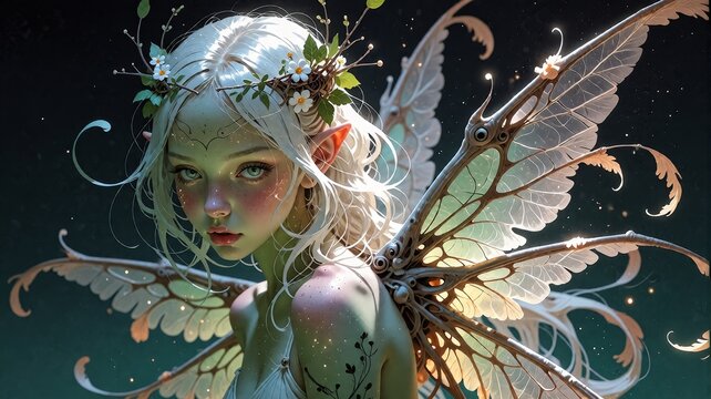 Ethereal Forest Fairy with Intricate Wings and Floral Crown
