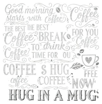 Intricate hand-drawn white chalk typography of coffee quotes with beans, mugs, hearts on a textured matte black chalkboard, top-down, cozy cafe sign concept