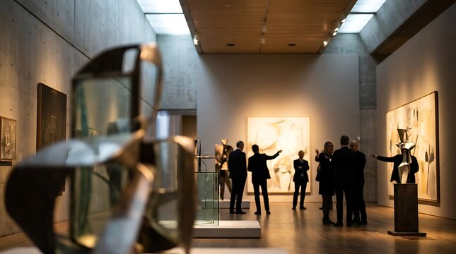 Visitors admire abstract art and sculptures in a modern museum gallery with diverse artworks on display