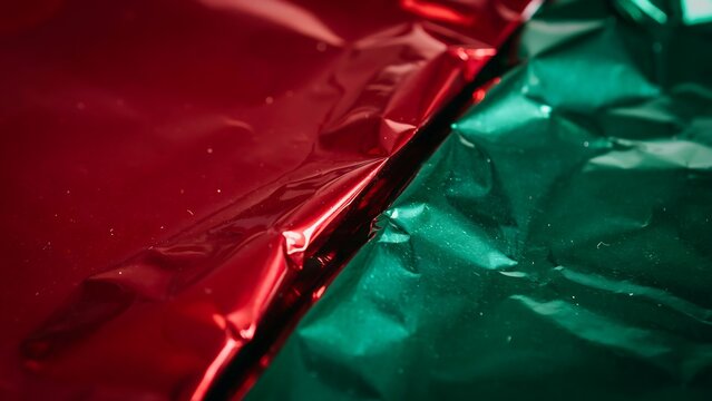 Crinkled red and green metallic foil texture, featuring sharp folds and reflective surfaces with a contrast between two colors.